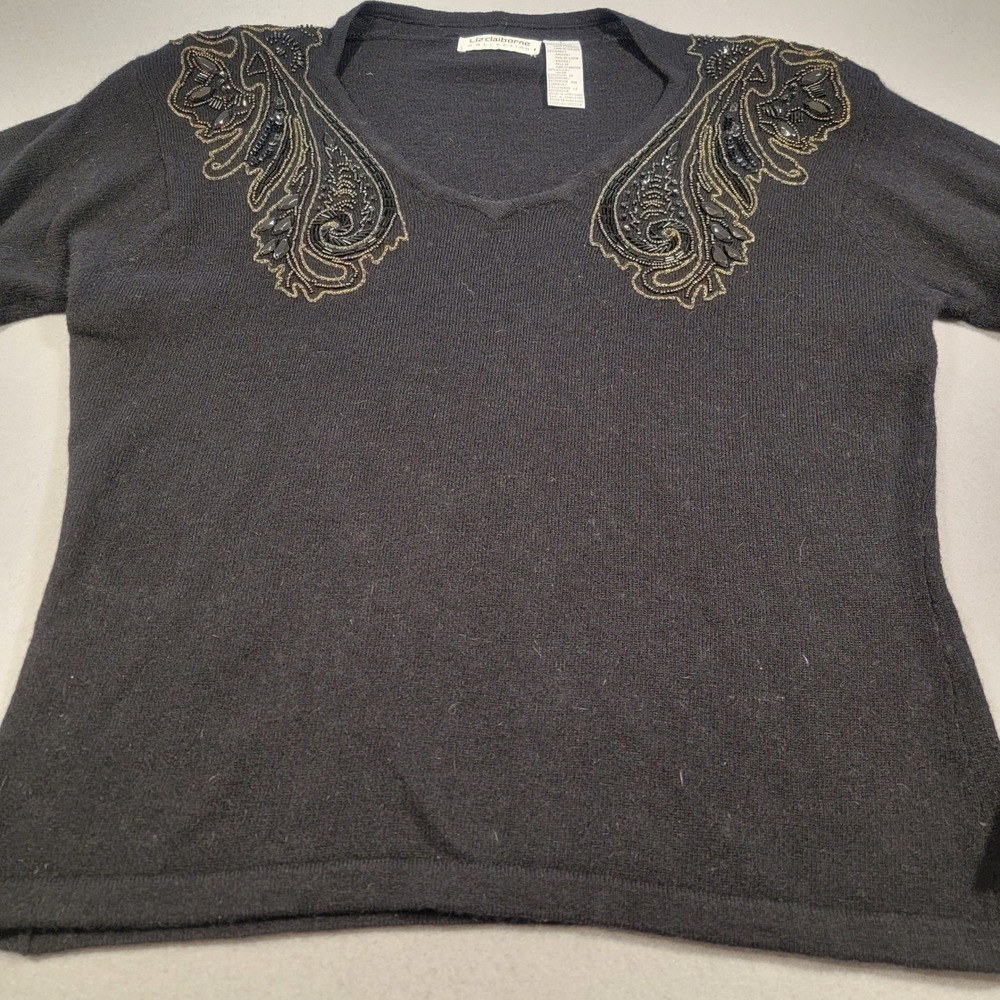 Vintage‎ 90s Liz Claiborne Sweater Women's Large Black Lambswool Blend Beaded